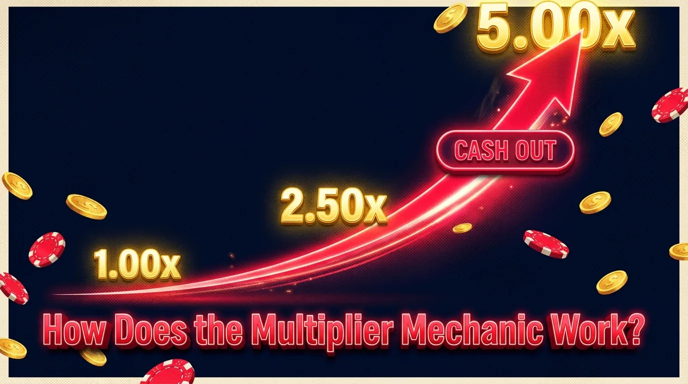 Red multiplier curve ascends with glowing golden badges and a cash-out button.
